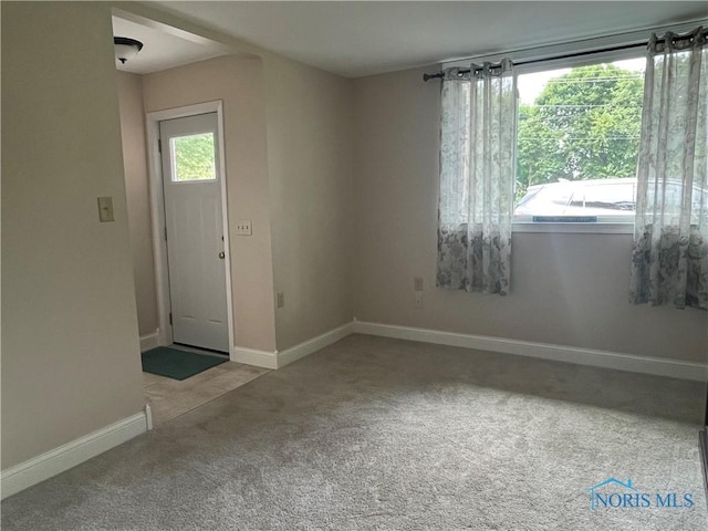 foyer with baseboards, a wealth of natural light, and carpet