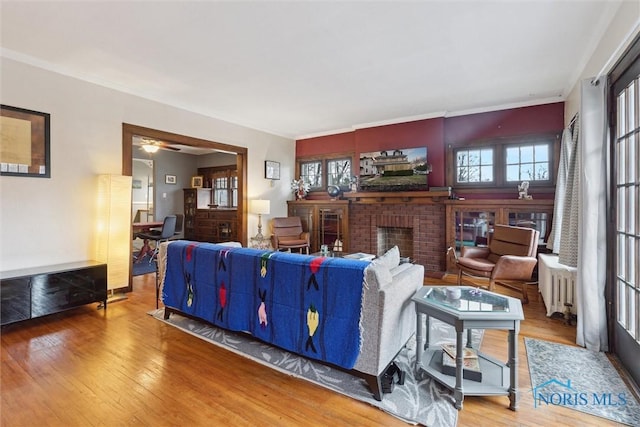 living room featuring crown molding, radiator, ceiling fan, wood finished floors, and a brick fireplace