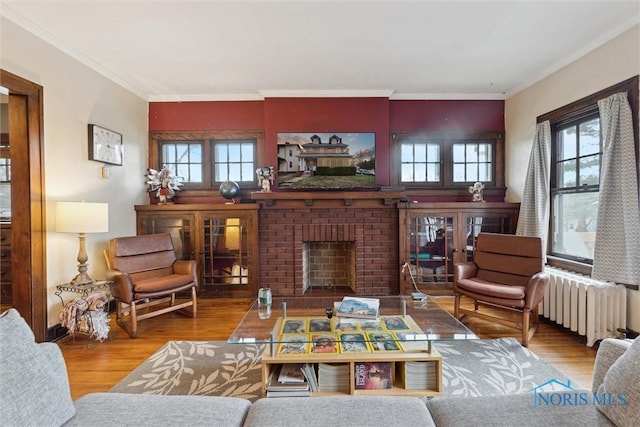 living area with wood finished floors, radiator, and a healthy amount of sunlight