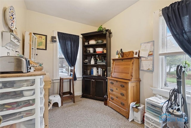 office with a wealth of natural light and light colored carpet