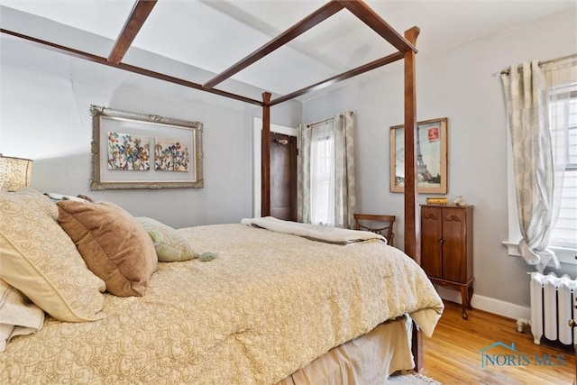 bedroom featuring multiple windows, radiator, and wood finished floors