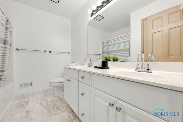 bathroom with marble finish floor, visible vents, toilet, and a sink