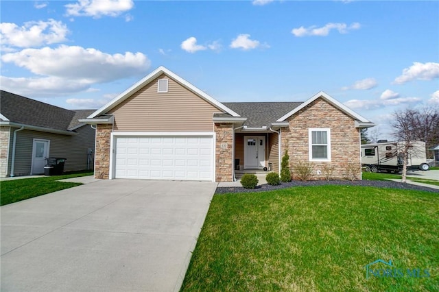 630 Weatherby Ct, Findlay, OH 45840 - ranch-style house with stone siding, a front yard, concrete driveway, and a garage