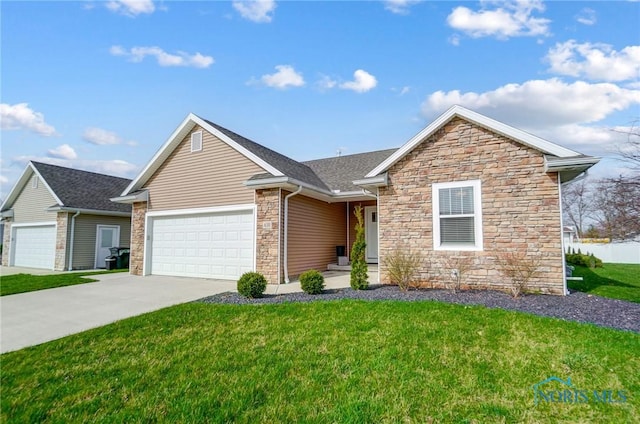 630 Weatherby Ct, Findlay, OH 45840 - ranch-style house featuring stone siding, a front yard, and a garage