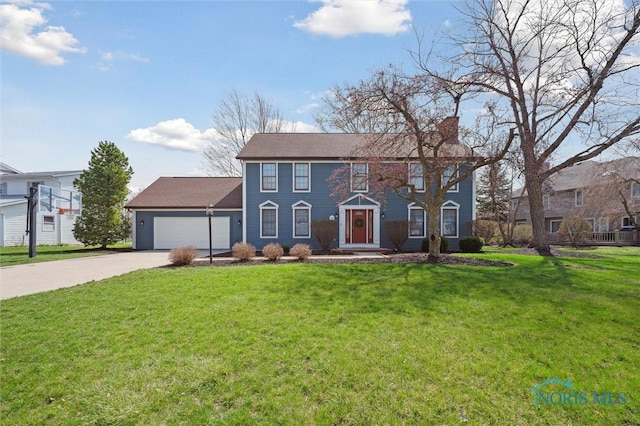 3011 Heather Downs Dr, Findlay, OH 45840 - colonial home with a chimney, an attached garage, driveway, and a front lawn