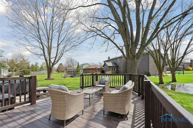 3011 Heather Downs Dr, Findlay, OH 45840 - wooden deck featuring an outdoor living space, a residential view, and a lawn
