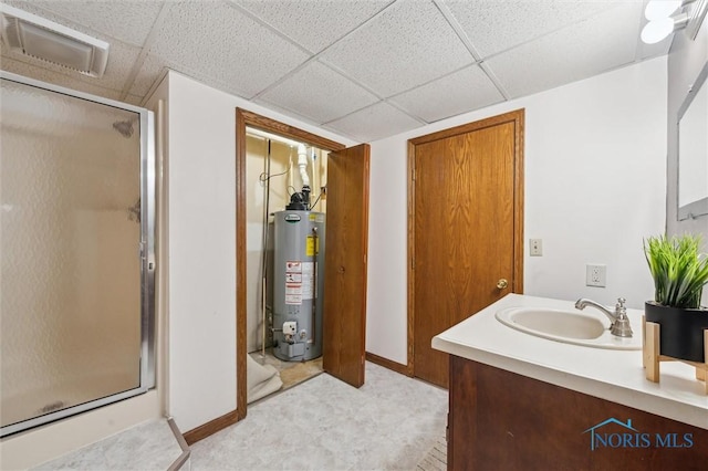 3011 Heather Downs Dr, Findlay, OH 45840 - full bathroom with visible vents, baseboards, a paneled ceiling, water heater, and a stall shower