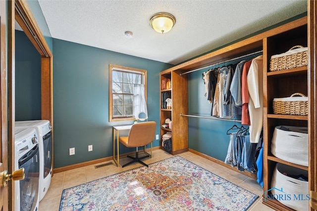 3011 Heather Downs Dr, Findlay, OH 45840 - office space with visible vents, baseboards, separate washer and dryer, a textured ceiling, and tile patterned floors