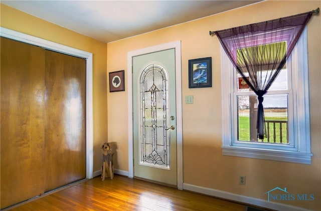 entrance foyer with baseboards and wood finished floors