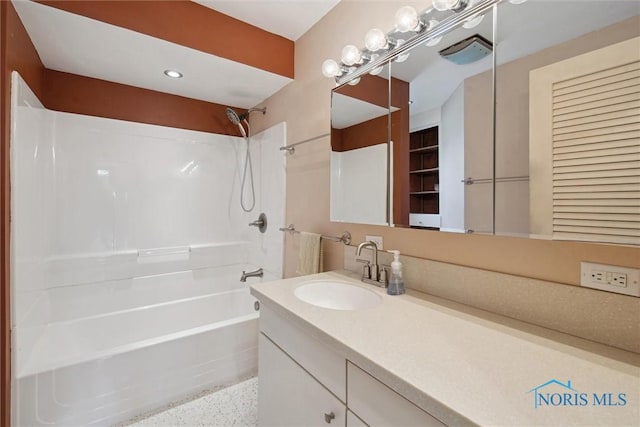 371 Canal Rd, Waterville, OH 43566 - bathroom with speckled floor, shower / bathing tub combination, vanity, and visible vents
