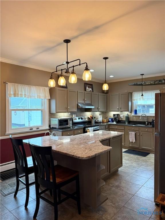 kitchen with stainless steel range with electric stovetop, under cabinet range hood, a sink, a kitchen island, and freestanding refrigerator