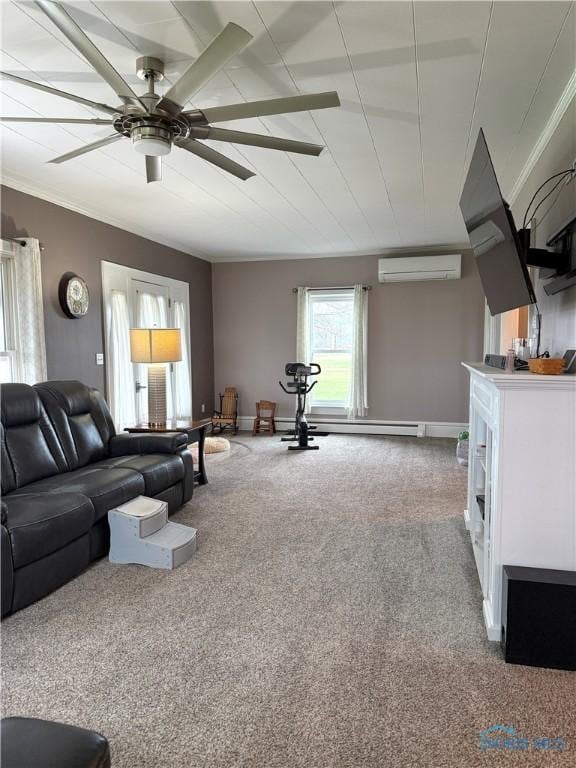 carpeted living room with a wall mounted AC, crown molding, baseboards, and ceiling fan