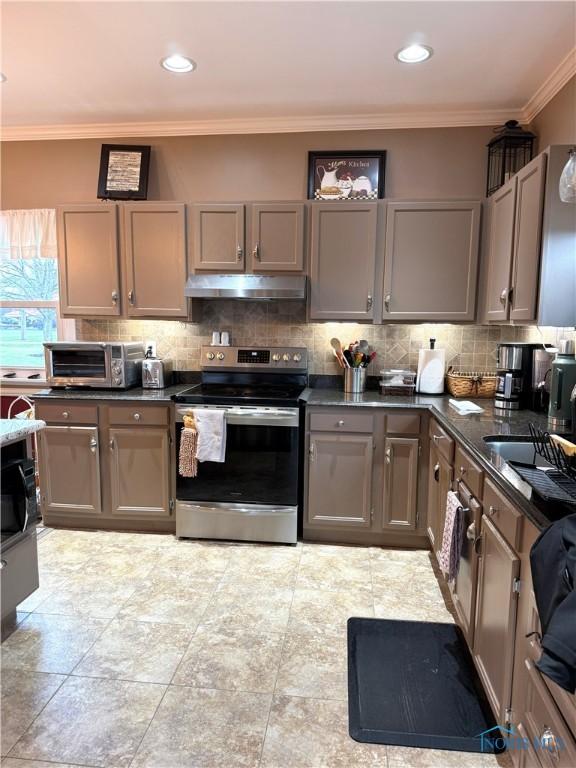 kitchen featuring stainless steel range with electric cooktop, crown molding, under cabinet range hood, and decorative backsplash