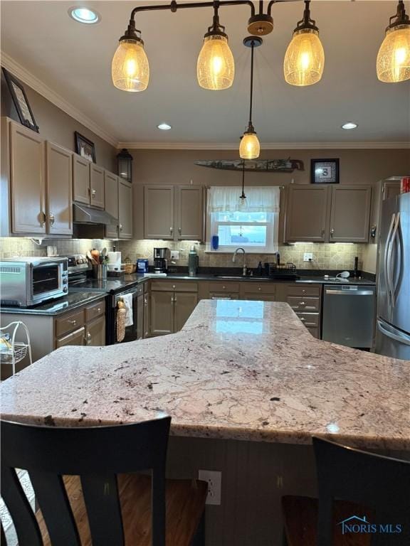 kitchen featuring a toaster, crown molding, a sink, and stainless steel appliances