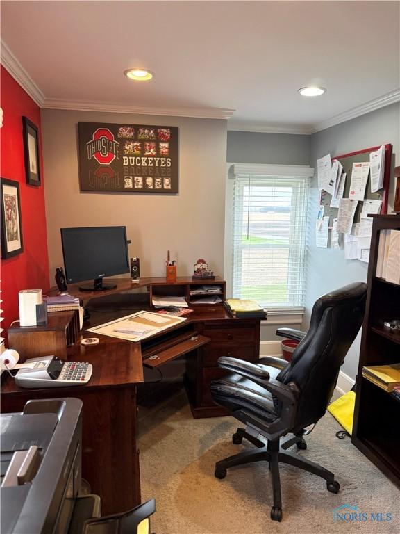 office area featuring ornamental molding, carpet, and recessed lighting