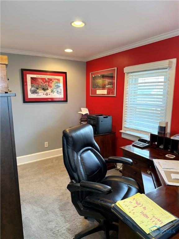 office space with carpet flooring, ornamental molding, baseboards, and recessed lighting
