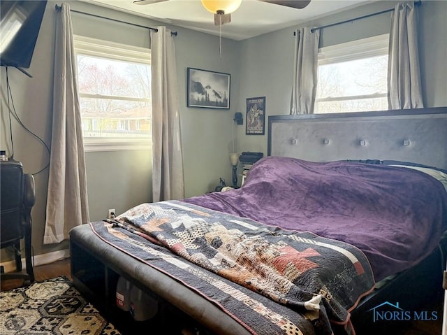 bedroom with a ceiling fan, wood finished floors, and multiple windows