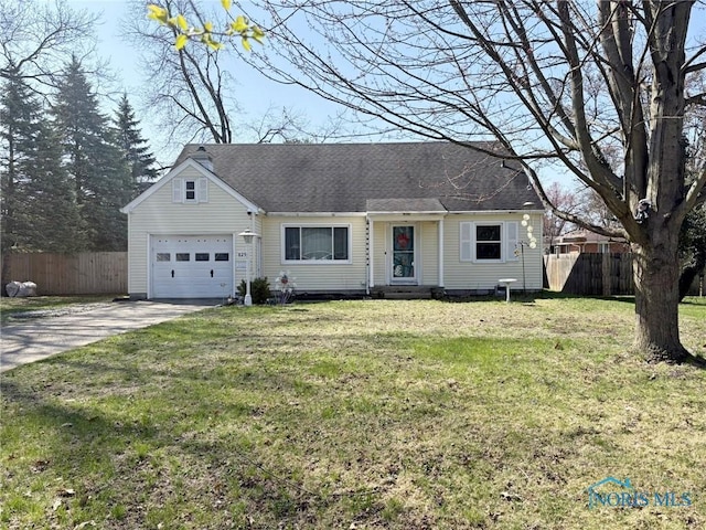 view of front of property featuring concrete driveway, a front yard, fence, and an attached garage