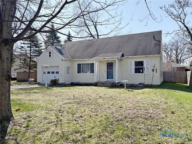 cape cod house with roof with shingles, a garage, a front yard, and fence
