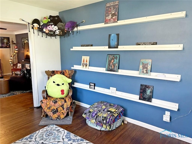 playroom with baseboards and wood finished floors