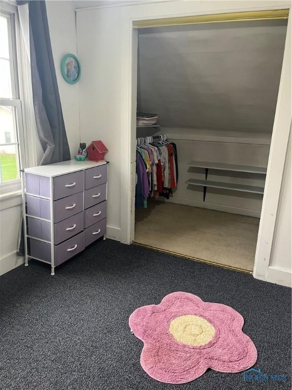 interior space featuring dark carpet