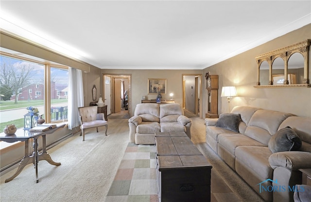 living area featuring crown molding and light colored carpet