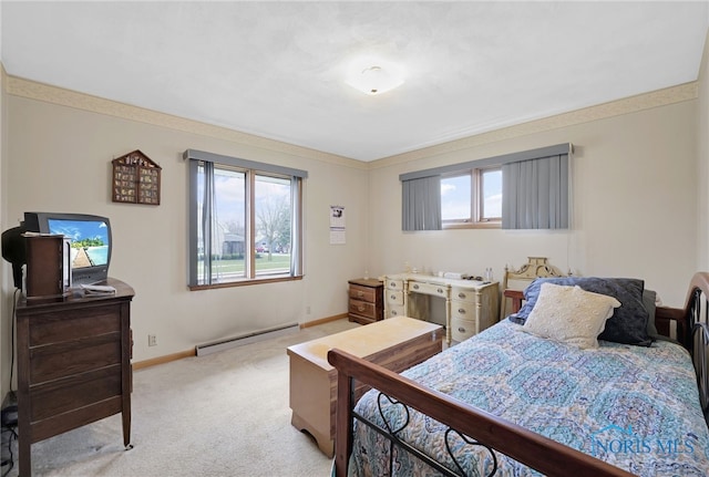 bedroom featuring baseboards, a baseboard radiator, light colored carpet, and ornamental molding
