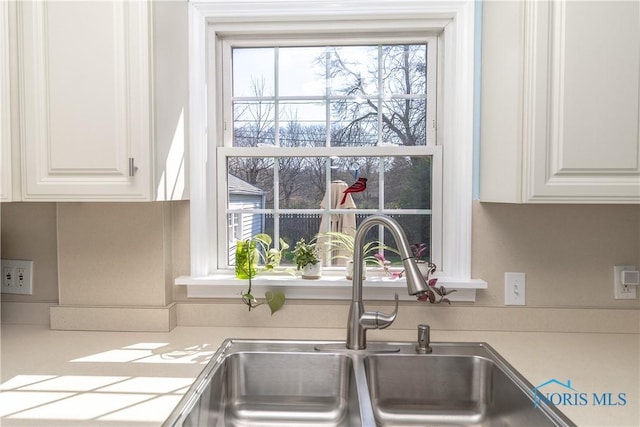 room details featuring light countertops, a sink, and white cabinets