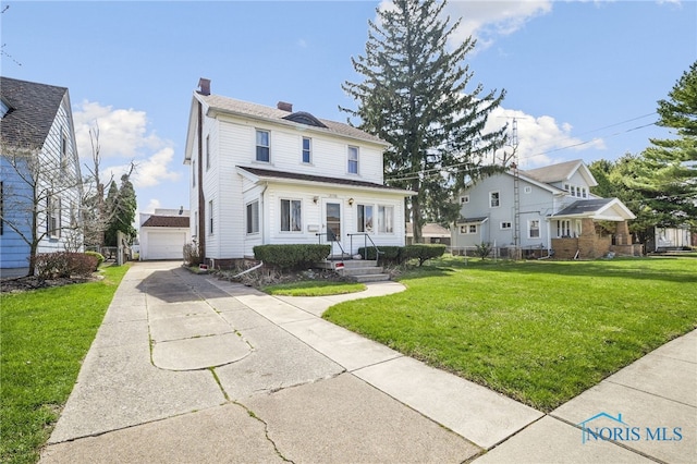 2720 106th St, Toledo, OH 43611 - traditional style home featuring a front lawn, an outdoor structure, a garage, and a chimney