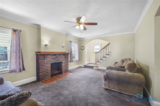 2720 106th St, Toledo, OH 43611 - living area featuring baseboards, ornamental molding, carpet floors, stairs, and ceiling fan