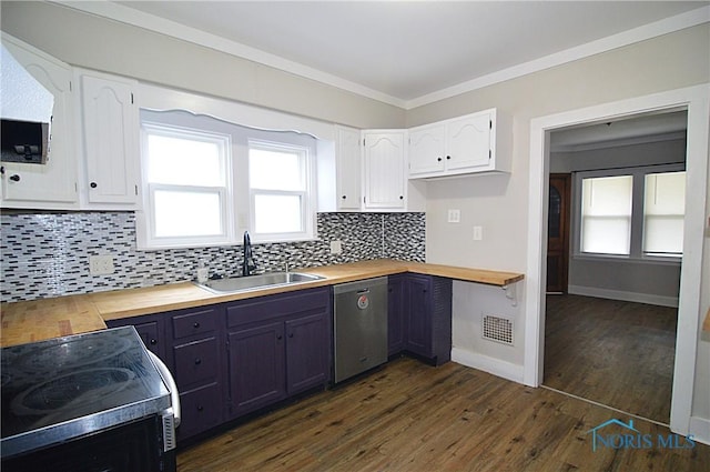 kitchen featuring a sink, butcher block countertops, stainless steel dishwasher, and range with electric cooktop