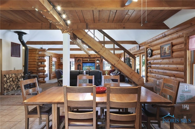2525 N King Rd, Toledo, OH 43615 - dining room with rustic walls, wood ceiling, healthy amount of natural light, light tile patterned floors, and a ceiling fan