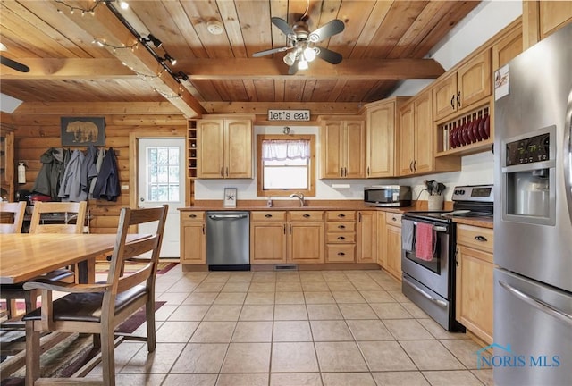 2525 N King Rd, Toledo, OH 43615 - kitchen with stainless steel appliances, wood ceiling with exposed beams, a ceiling fan, a sink, and light brown cabinetry