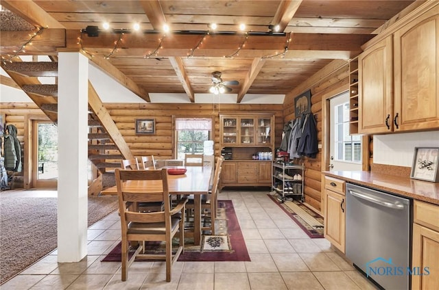 2525 N King Rd, Toledo, OH 43615 - dining room with wooden ceiling with exposed beams, log walls, light tile patterned flooring, and a ceiling fan