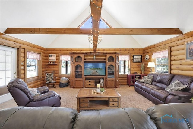 2525 N King Rd, Toledo, OH 43615 - living room with log walls, carpet flooring, high vaulted ceiling, and beamed ceiling