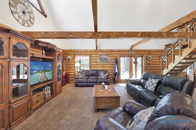 2525 N King Rd, Toledo, OH 43615 - carpeted living room featuring log walls, high vaulted ceiling, stairs, and beamed ceiling