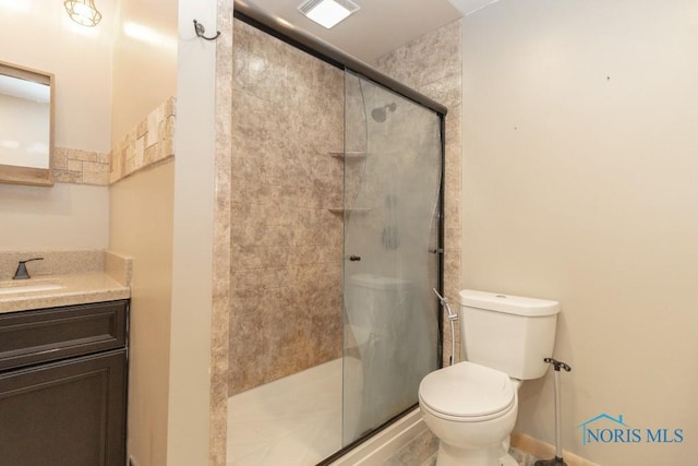 full bathroom with visible vents, a shower stall, toilet, and vanity