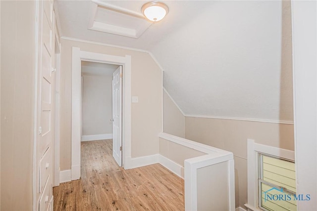 1110 Montrose Ave, Toledo, OH 43607 - hallway featuring lofted ceiling, baseboards, crown molding, and wood finished floors