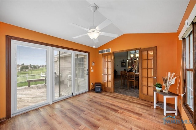 6681 Bellflower Ct, Curtice, OH 43412 - entryway with lofted ceiling, wood finished floors, french doors, and a ceiling fan