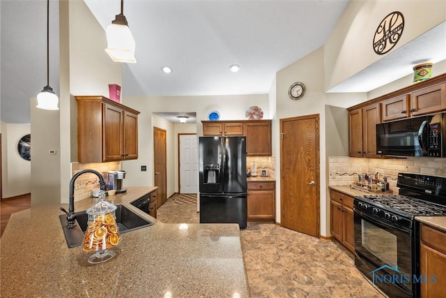 6681 Bellflower Ct, Curtice, OH 43412 - kitchen featuring black appliances, a sink, tasteful backsplash, and light stone countertops