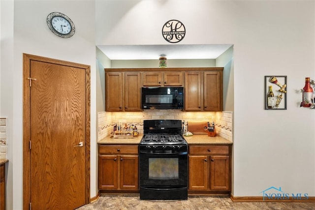 6681 Bellflower Ct, Curtice, OH 43412 - kitchen featuring black appliances, decorative backsplash, brown cabinets, and baseboards