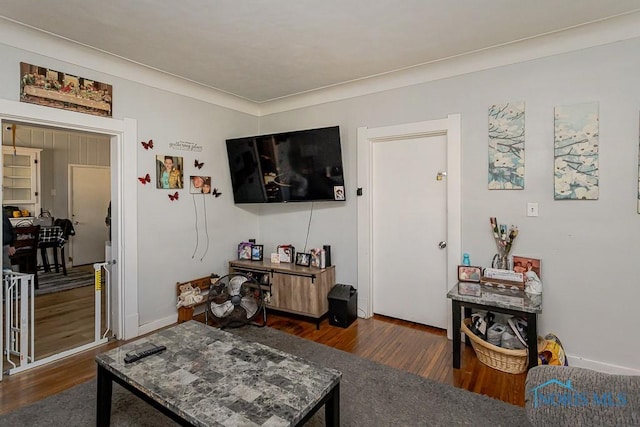living room featuring dark wood-style flooring
