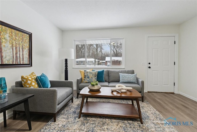 living area with baseboards and wood finished floors