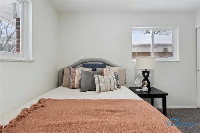 carpeted bedroom featuring multiple windows