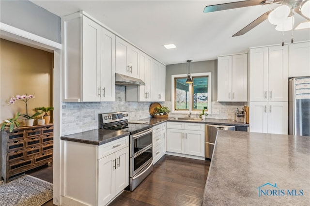 kitchen featuring decorative backsplash, white cabinetry, under cabinet range hood, dark wood finished floors, and stainless steel appliances