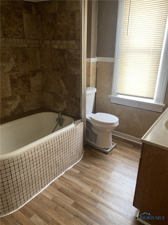 734 Parker Ave, Toledo, OH 43605 - bathroom featuring wood finished floors, toilet, vanity, and a relaxing tiled tub