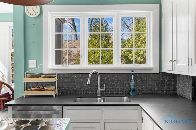 kitchen with a sink, backsplash, white cabinets, and dishwasher