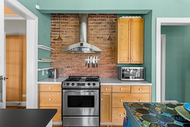 kitchen featuring wall chimney range hood, light countertops, and stainless steel appliances