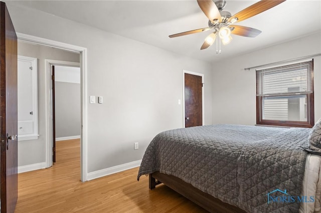 bedroom featuring ceiling fan, light wood finished floors, and baseboards