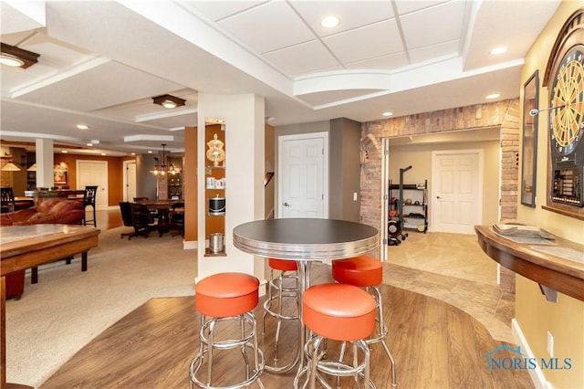 bar with carpet flooring and recessed lighting